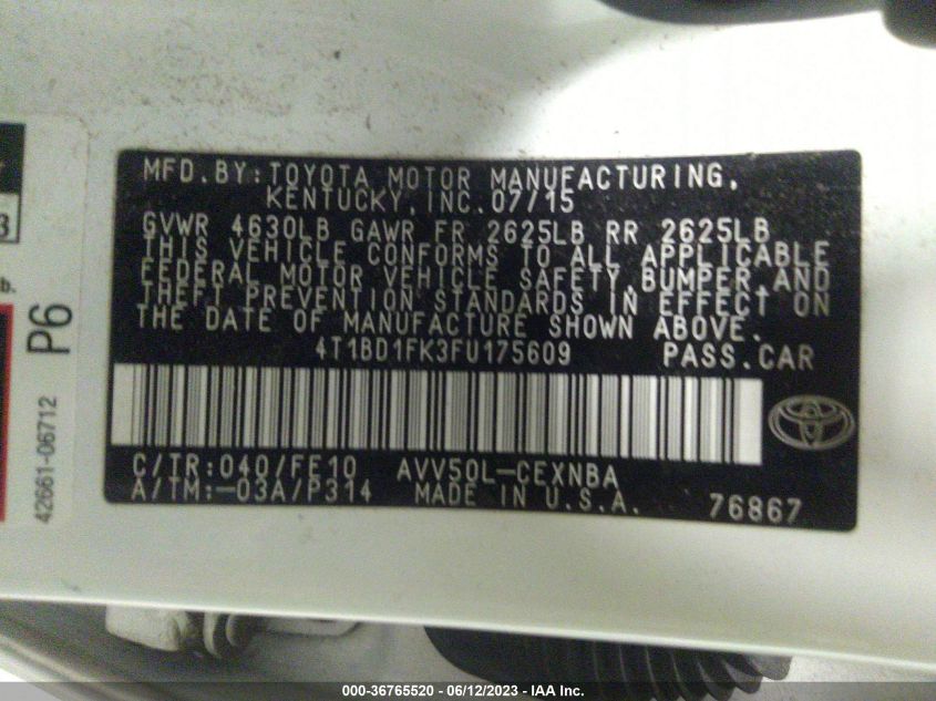 2015 TOYOTA CAMRY HYBRID LE/XLE/SE - 4T1BD1FK3FU175609