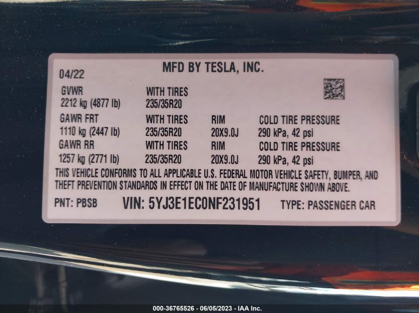 2022 TESLA MODEL 3 - 5YJ3E1EC0NF231951