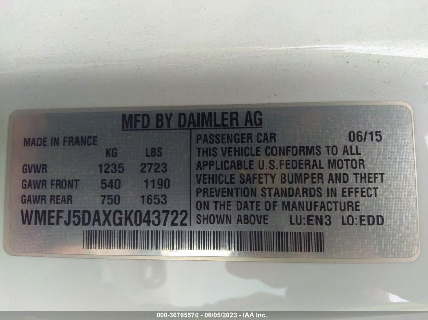 2016 SMART FORTWO - WMEFJ5DAXGK043722