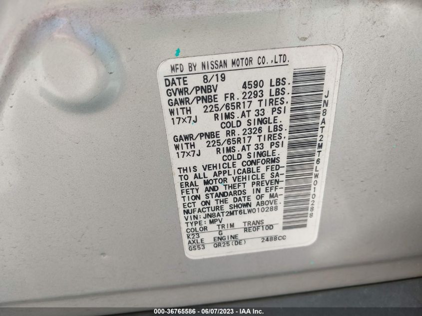 2020 NISSAN ROGUE SV - JN8AT2MT6LW010288