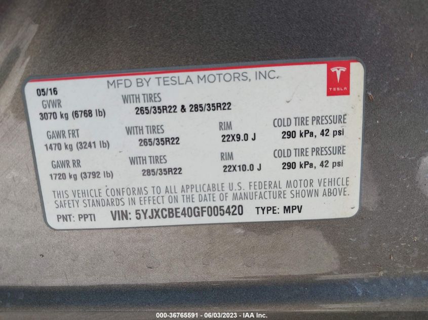 2016 TESLA MODEL X P90D/75D/P100D - 5YJXCBE40GF005420
