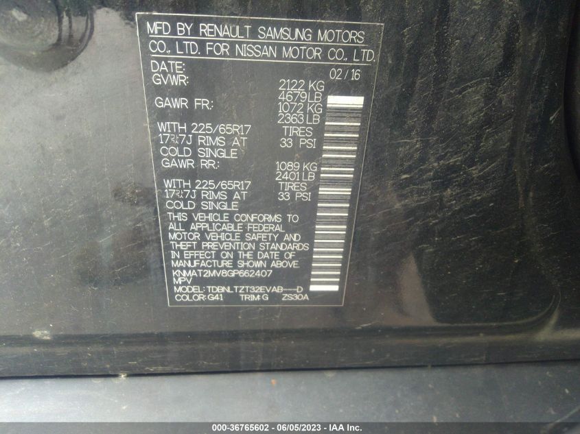 2016 NISSAN ROGUE SV - KNMAT2MV8GP662407