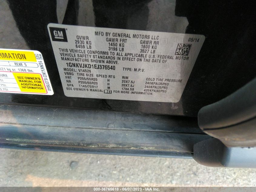2014 CHEVROLET TRAVERSE LTZ - 1GNKVJKD1EJ376540