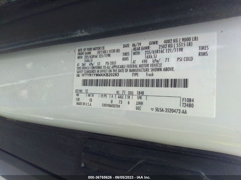2019 FORD TRANSIT VAN - 1FTYR1YM4KKB20283