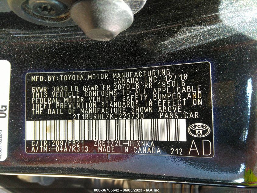 2019 TOYOTA COROLLA L/LE/SE/XLE/XSE - 2T1BURHE7KC223730