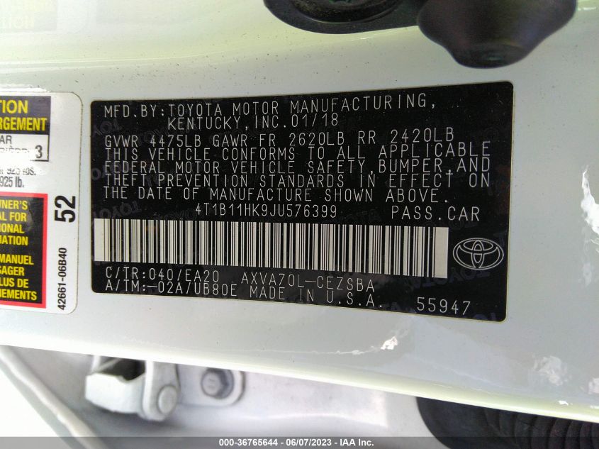 2018 TOYOTA CAMRY LE/SE/XLE/L - 4T1B11HK9JU576399
