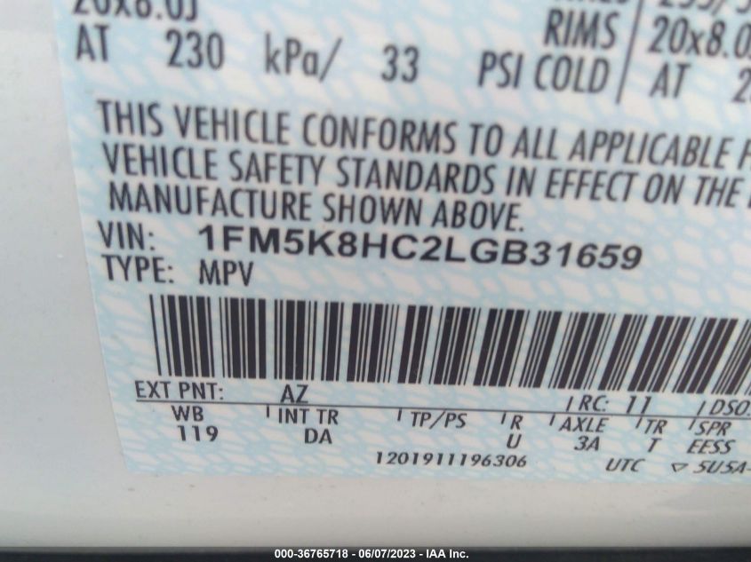 2020 FORD EXPLORER PLATINUM - 1FM5K8HC2LGB31659
