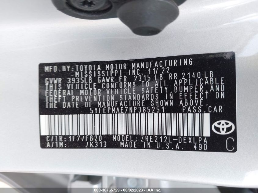 2022 TOYOTA COROLLA LE - 5YFEPMAE7NP385251