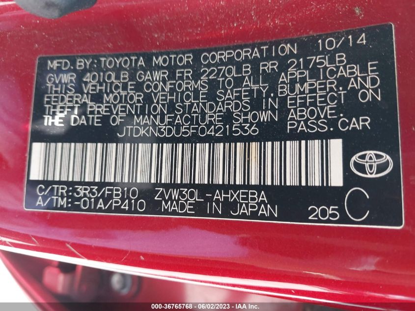2015 TOYOTA PRIUS FOUR - JTDKN3DU5F0421536