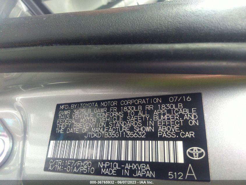 2016 TOYOTA PRIUS C ONE/TWO/THREE/FOUR - JTDKDTB35G1135632