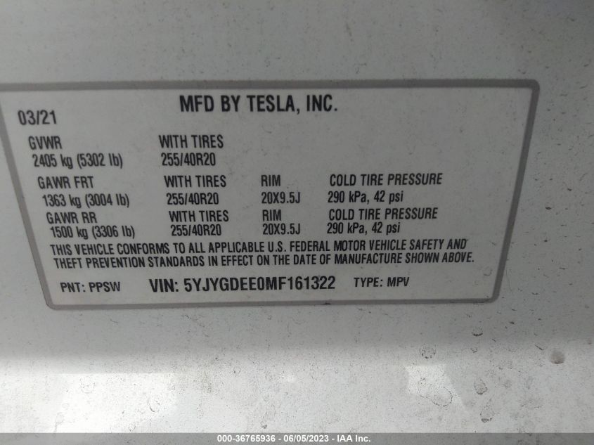 2021 TESLA MODEL Y - 5YJYGDEE0MF161322
