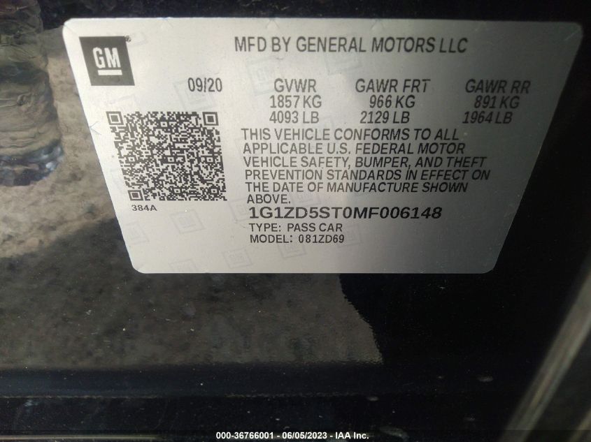 2021 CHEVROLET MALIBU LT - 1G1ZD5ST0MF006148