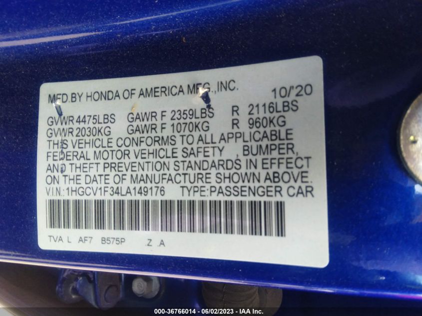 2020 HONDA ACCORD SEDAN SPORT - 1HGCV1F34LA149176