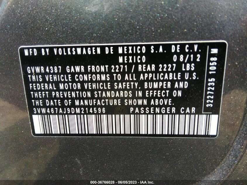 2013 VOLKSWAGEN GLI 3VW467AJ9DM214596