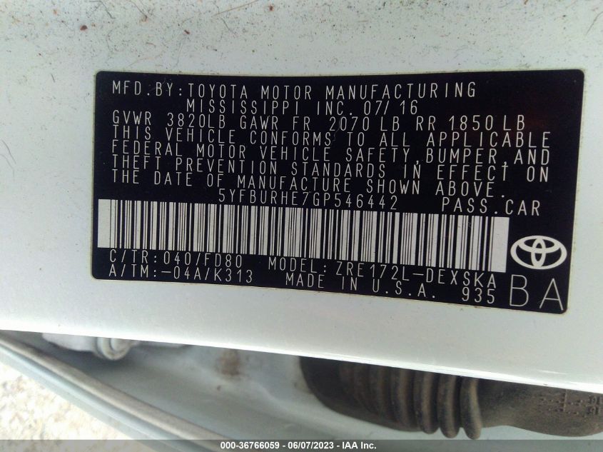 2016 TOYOTA COROLLA L/LE/S/S PLUS/LE PLUS - 5YFBURHE7GP546442