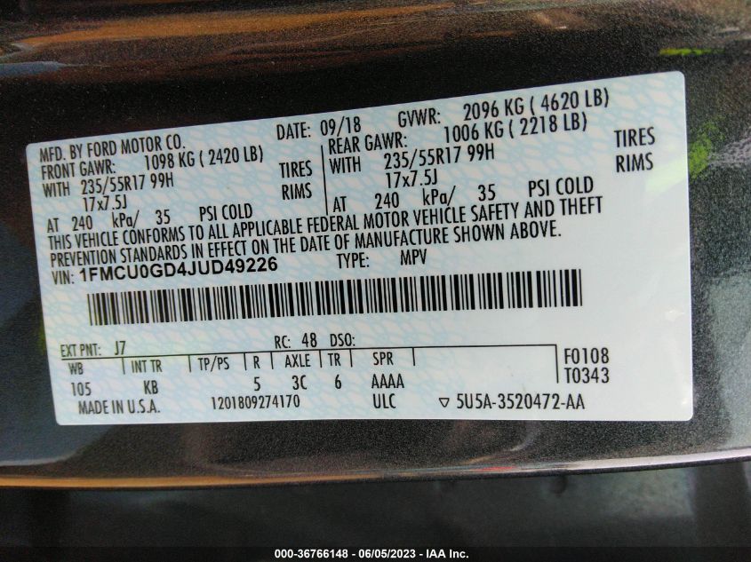 2018 FORD ESCAPE SE - 1FMCU0GD4JUD49226