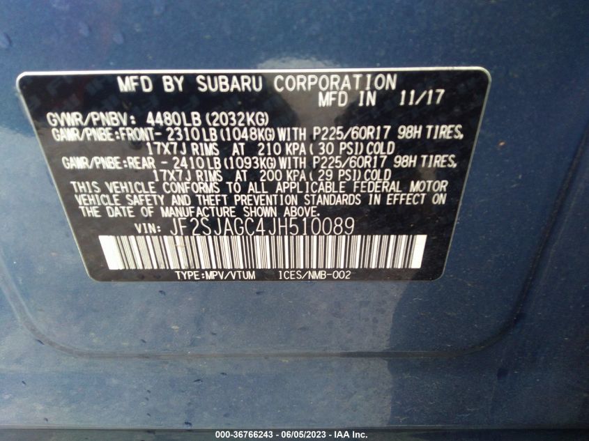 2018 SUBARU FORESTER PREMIUM - JF2SJAGC4JH510089