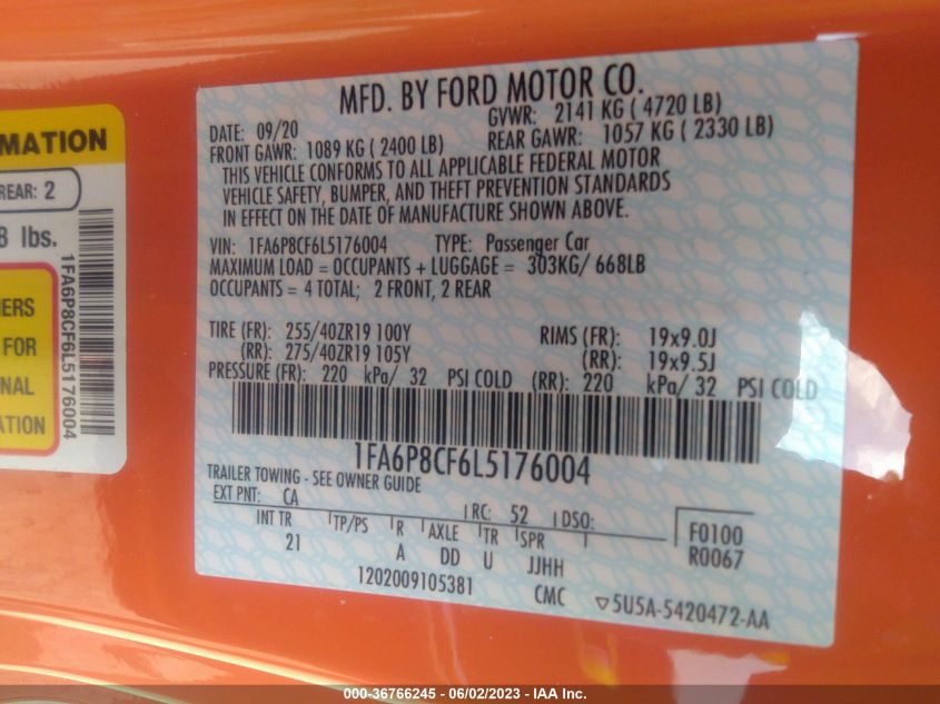 2020 FORD MUSTANG GT - 1FA6P8CF6L5176004