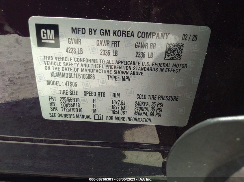 VIN KL4MMDSL1LB105086 2020 BUICK ENCORE GX SELECT