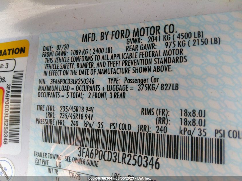 2020 FORD FUSION SEL - 3FA6P0CD3LR250346