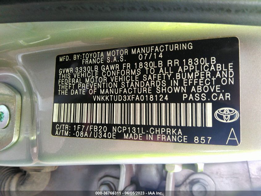 2015 TOYOTA YARIS L/SE/LE - VNKKTUD3XFA018124