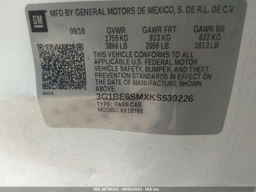 2019 CHEVROLET CRUZE LT - 3G1BE6SMXKS539226
