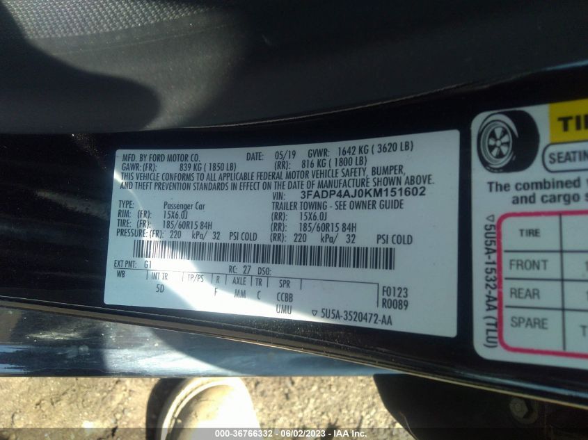 2019 FORD FIESTA S - 3FADP4AJ0KM151602