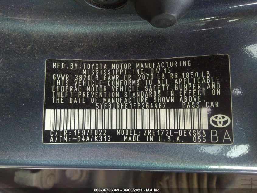 2015 TOYOTA COROLLA L/LE/LE PLS/PRM/S/S PLS - 5YFBURHE1FP264487