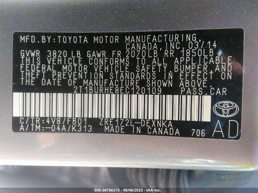 2014 TOYOTA COROLLA L/LE/S/S PLUS/LE PLUS - 2T1BURHE8EC120109