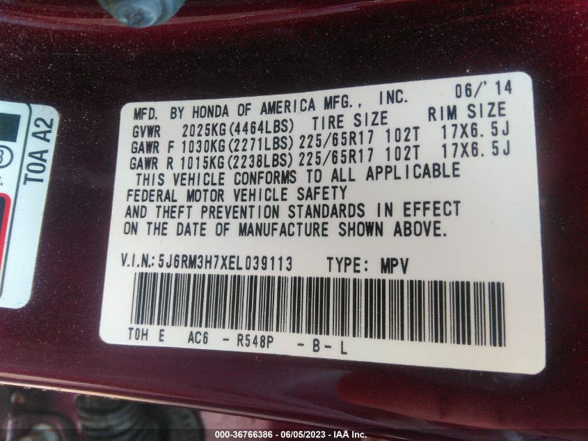 2014 HONDA CR-V EX-L - 5J6RM3H7XEL039113