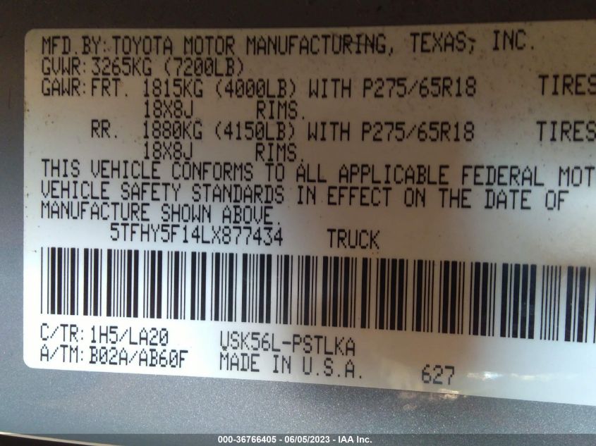 2020 TOYOTA TUNDRA 4WD LIMITED - 5TFHY5F14LX877434