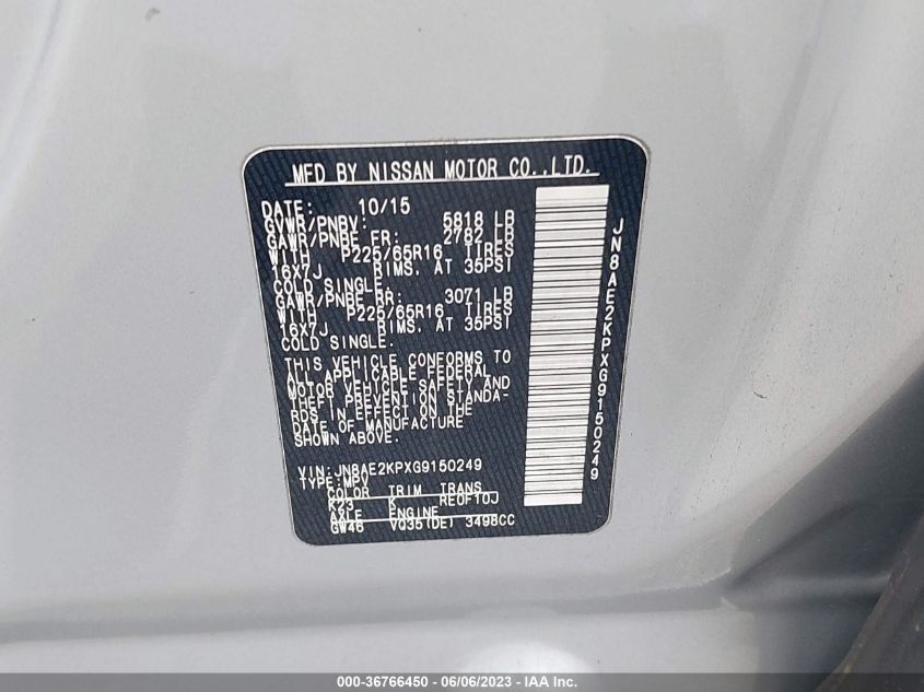 2016 NISSAN QUEST SV/S/PLATINUM/SL - JN8AE2KPXG9150249