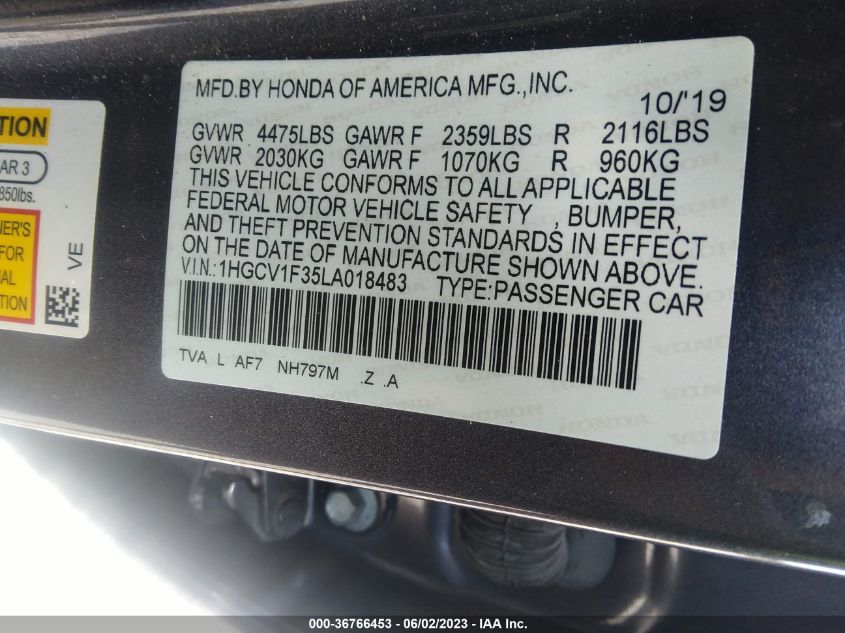 2020 HONDA ACCORD SEDAN SPORT - 1HGCV1F35LA018483