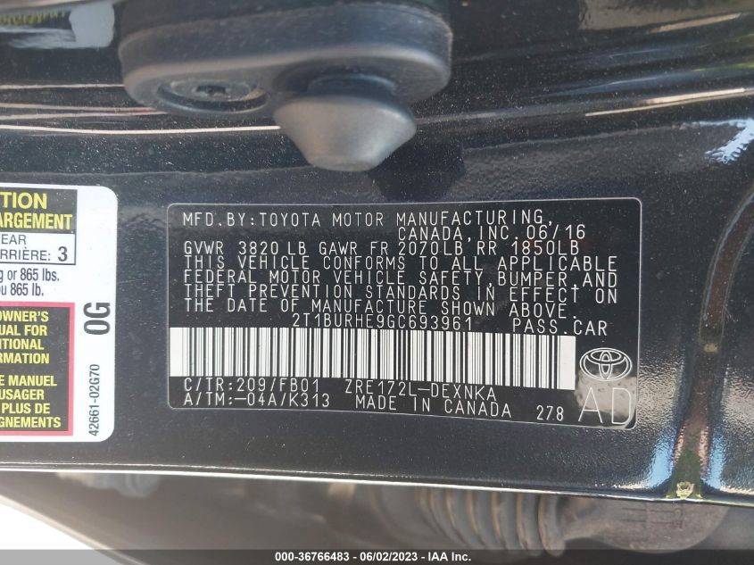 2016 TOYOTA COROLLA L/LE/S/S PLUS/LE PLUS - 2T1BURHE9GC693961