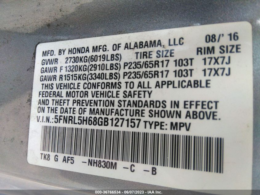 2016 HONDA ODYSSEY EX-L - 5FNRL5H68GB127157