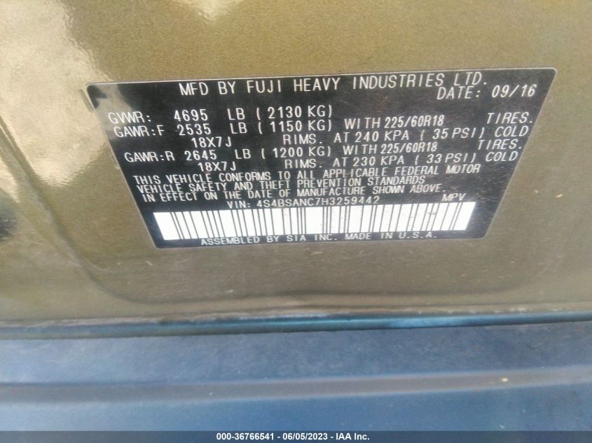 2017 SUBARU OUTBACK LIMITED - 4S4BSANC7H3259442