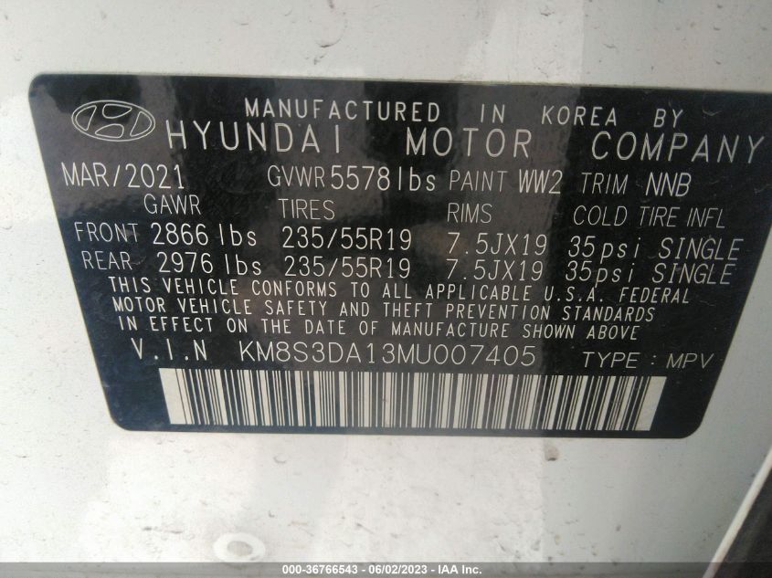 2021 HYUNDAI SANTA FE HYBRID SEL PREMIUM - KM8S3DA13MU007405