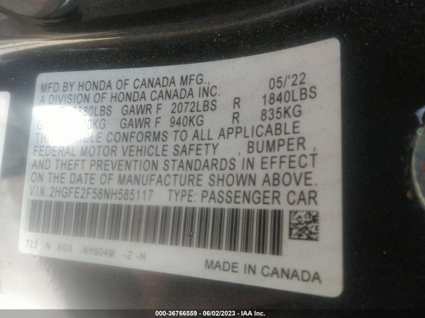 2022 HONDA CIVIC SEDAN SPORT - 2HGFE2F58NH585117