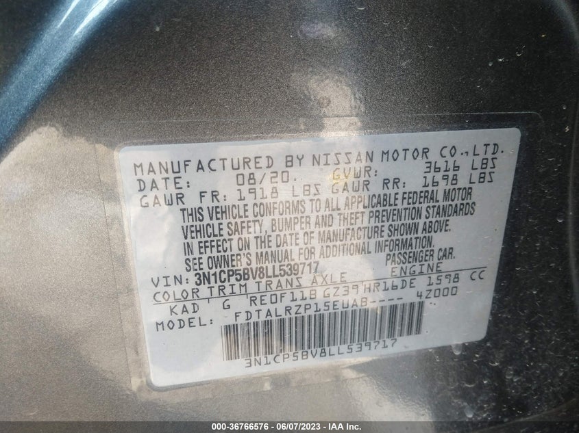 VIN 3N1CP5BV8LL539717 2020 NISSAN KICKS S