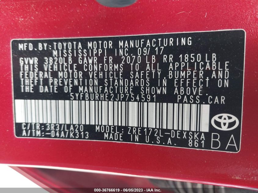 2018 TOYOTA COROLLA L/LE/XLE/SE/XSE - 5YFBURHE2JP754591