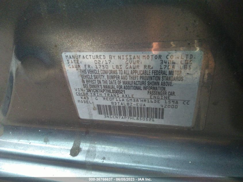 2017 NISSAN VERSA SEDAN SV - 3N1CN7AP7HL850521