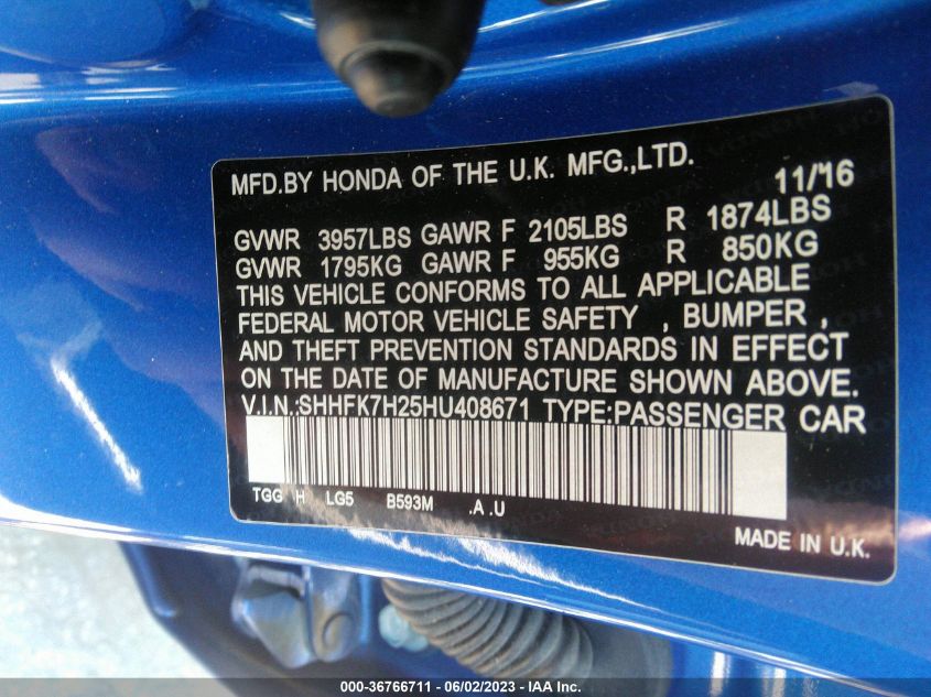 2017 HONDA CIVIC HATCHBACK LX - SHHFK7H25HU408671