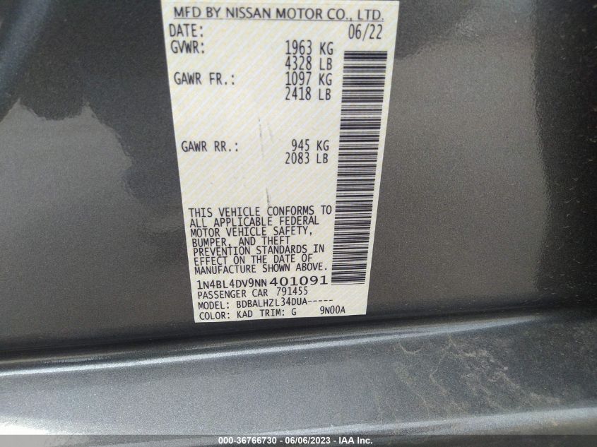 2022 NISSAN ALTIMA SV - 1N4BL4DV9NN401091