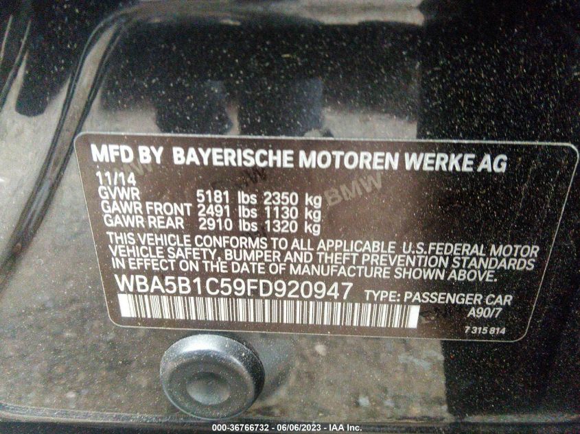 2015 BMW 5 SERIES 535I - WBA5B1C59FD920947