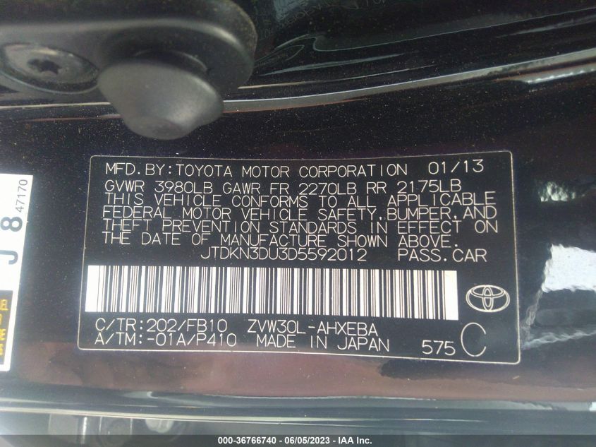 2013 TOYOTA PRIUS ONE/TWO/THREE/FOUR/FIVE - JTDKN3DU3D5592012