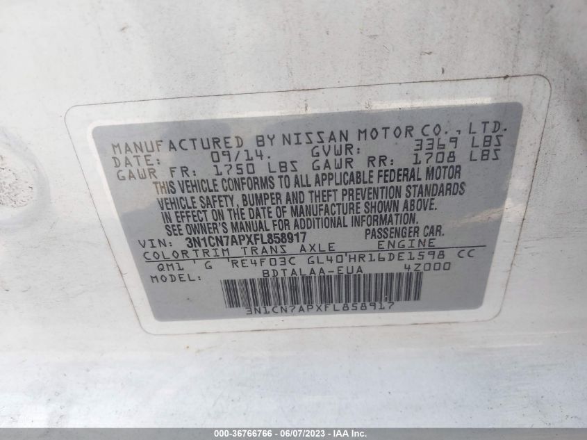 2015 NISSAN VERSA S/S PLUS/SL/SV - 3N1CN7APXFLH58917