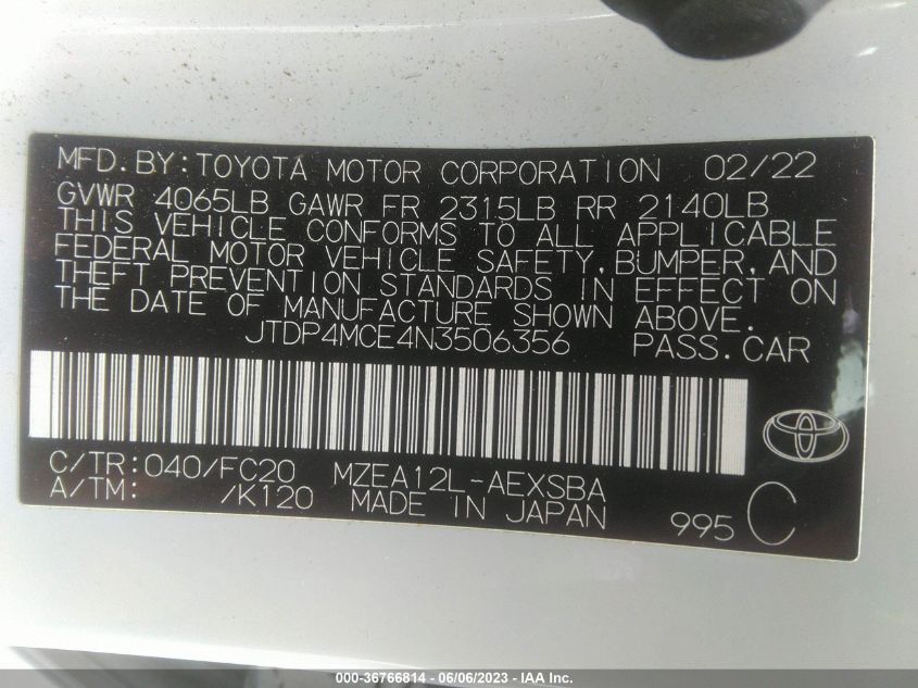 2022 TOYOTA COROLLA SE/SE NIGHTSHADE/APEX SE - JTDP4MCE4N3506356