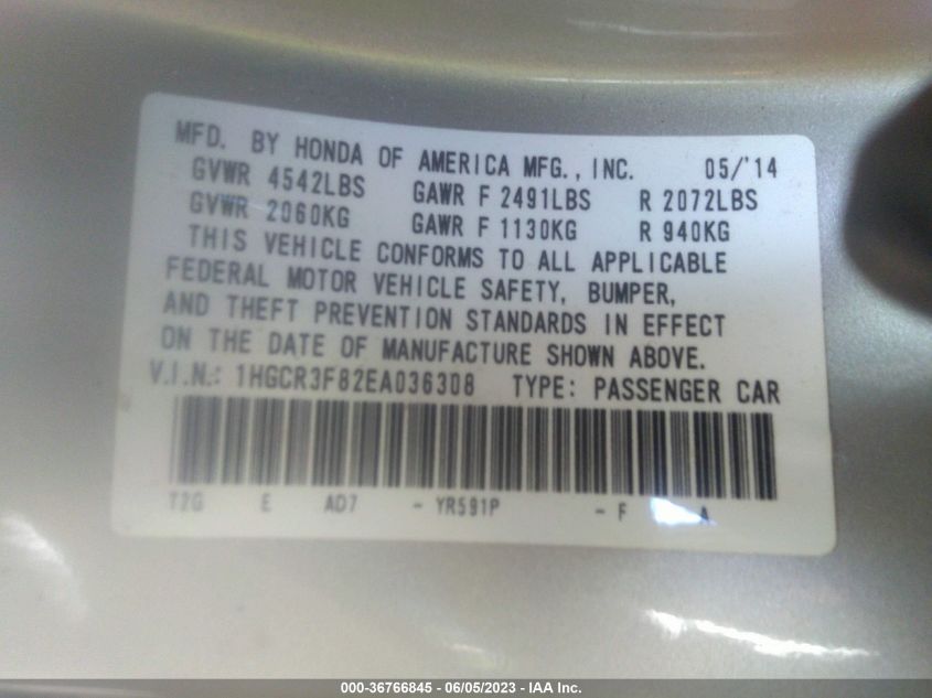 2014 HONDA ACCORD SEDAN EX-L - 1HGCR3F82EA036308