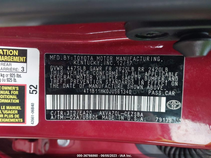 2018 TOYOTA CAMRY LE/SE/XLE/L - 4T1B11HK0JU561340