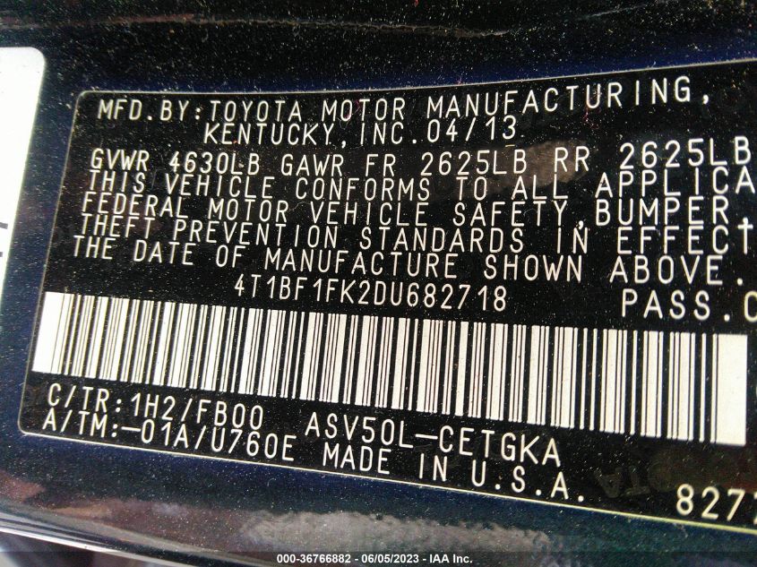 2013 TOYOTA CAMRY L/SE/LE/XLE - 4T1BF1FK2DU682718